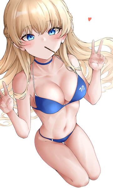 Anime picture 2853x4739 with blue archive toki (blue archive) lds (dstwins97) single long hair tall image looking at viewer blush fringe highres breasts blue eyes light erotic simple background blonde hair large breasts white background holding blunt bangs thigh gap