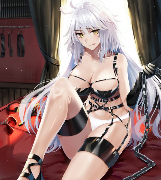 Anime picture 1300x1453 with fate (series) fate/grand order jeanne d'arc (fate) (all) jeanne d'arc alter (fate) nicky w single long hair tall image looking at viewer blush fringe breasts light erotic hair between eyes large breasts sitting holding yellow eyes cleavage silver hair