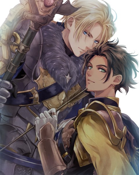 Anime picture 719x900 with fire emblem fire emblem: three houses fire emblem warriors: three hopes nintendo dimitri alexandre blaiddyd claude von riegan hksi1pin tall image looking at viewer fringe short hair blue eyes simple background blonde hair hair between eyes brown hair holding green eyes upper body multiple boys