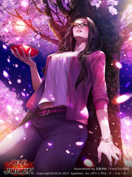 Anime picture 1000x1333 with joker ~gang road~ tajima yukie single long hair tall image blush breasts black hair smile large breasts standing holding brown eyes signed outdoors parted lips arm up fingernails wind lips