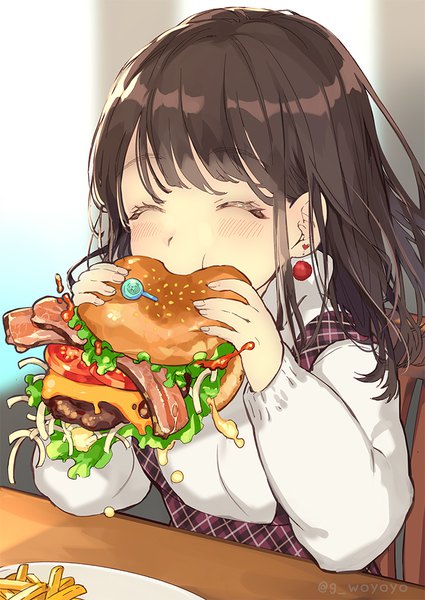 Anime picture 700x989 with original gin (oyoyo) single long hair tall image blush brown hair indoors eyes closed eating ^ ^ girl earrings food hamburger
