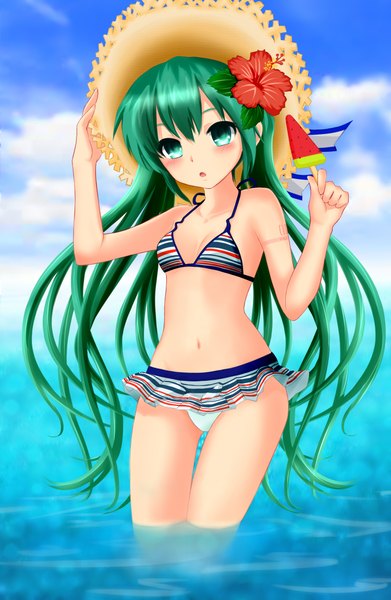 Anime picture 1500x2300 with vocaloid hatsune miku terun (artist) single long hair tall image blush light erotic twintails green eyes hair flower green hair girl navel hair ornament swimsuit hat bikini food sweets