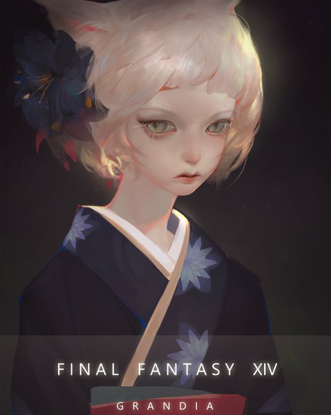 Anime picture 2076x2600 with final fantasy final fantasy xiv square enix miqo'te grandialee single tall image highres short hair simple background blonde hair signed animal ears traditional clothes japanese clothes hair flower cat ears realistic copyright name black background