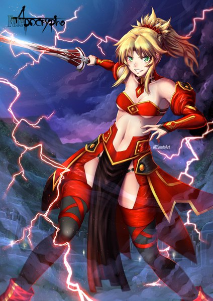 Anime picture 1240x1754 with fate (series) fate/apocrypha mordred (fate) adsouto single long hair tall image looking at viewer blush fringe breasts light erotic blonde hair smile large breasts standing bare shoulders holding green eyes signed