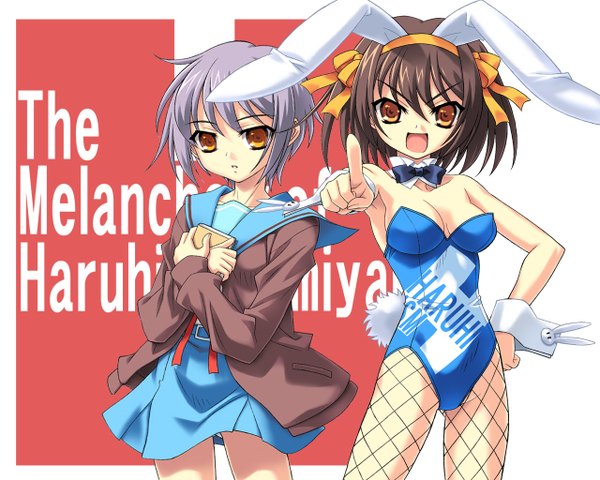 Anime picture 1280x1024 with suzumiya haruhi no yuutsu kyoto animation suzumiya haruhi nagato yuki light erotic bunny girl girl bunnysuit ngo