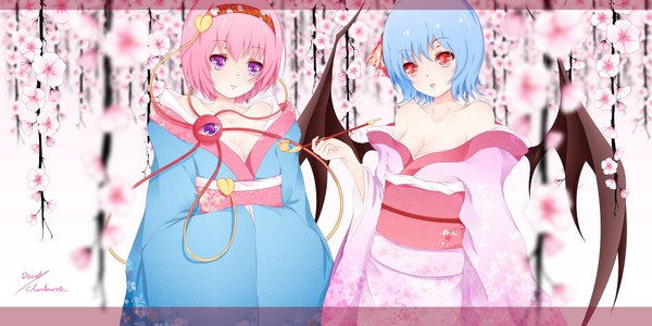 Anime picture 2000x1000 with touhou remilia scarlet komeiji satori dusk/dawn looking at viewer highres short hair red eyes wide image purple eyes bare shoulders multiple girls blue hair pink hair traditional clothes japanese clothes girl flower (flowers) 2 girls wings