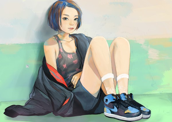 Anime picture 4500x3180 with original nike zashiki warashi (artist) single highres short hair sitting blue hair absurdres full body bent knee (knees) off shoulder open clothes open jacket bare legs shadow multicolored eyes girl socks shoes
