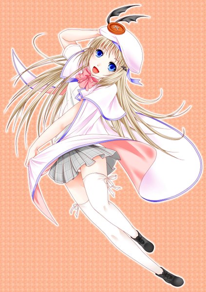 Anime picture 2039x2894 with little busters! key (studio) noumi kudryavka misumi kouji single long hair tall image highres open mouth blue eyes blonde hair girl thighhighs skirt miniskirt white thighhighs bowtie beret