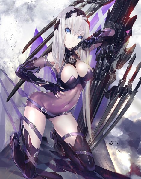 Anime picture 786x1000 with original kiwamu single long hair tall image looking at viewer breasts blue eyes light erotic large breasts white hair kneeling transparent girl gloves weapon elbow gloves belt thigh boots bodysuit