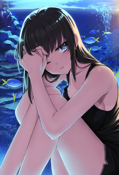 Anime picture 1279x1872 with original takeuchi aya single long hair tall image looking at viewer blue eyes black hair bare shoulders one eye closed wink girl fish (fishes) aquarium