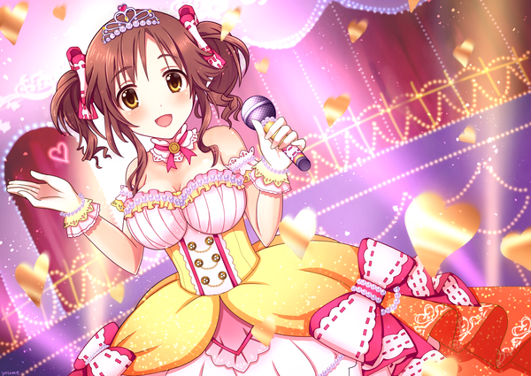 Anime picture 2400x1700 with idolmaster idolmaster cinderella girls totoki airi blue moment single looking at viewer blush highres short hair open mouth brown hair twintails bare shoulders brown eyes cleavage short twintails cup of love girl dress microphone