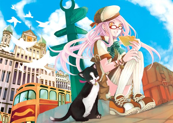 Anime picture 1000x710 with original shiro n long hair open mouth sitting pink hair cloud (clouds) orange eyes girl thighhighs animal glasses bird (birds) book (books) cat beret traffic sign