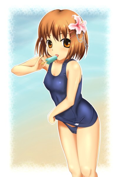 Anime picture 1010x1500 with original supertie single tall image looking at viewer blush short hair open mouth light erotic brown hair brown eyes hair flower border girl hair ornament flower (flowers) swimsuit food sweets tongue