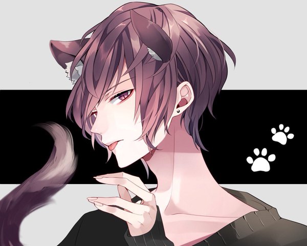 Anime picture 1430x1144 with original ksb_x4 single looking at viewer fringe short hair simple background brown hair brown eyes animal ears upper body tail animal tail profile fingernails cat ears grey background cat tail :p slit pupils