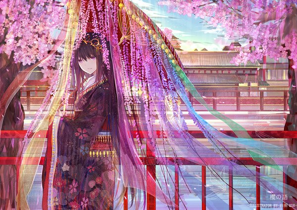 Anime picture 1100x782 with mahou shoujo madoka magica shaft (studio) akemi homura bai qi-qsr single long hair looking at viewer fringe black hair purple eyes holding signed payot outdoors traditional clothes japanese clothes wind wide sleeves text floral print