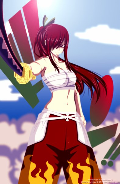 Anime picture 900x1369 with fairy tail erza scarlet seireiart single long hair tall image fringe light erotic red eyes sky cloud (clouds) ponytail red hair sunlight hair over one eye bare belly midriff coloring girl navel