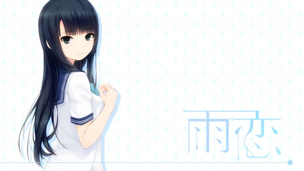 Anime picture 1280x720 with ame koi isshi mizuki coffee-kizoku single long hair looking at viewer blush black hair smile wide image white background game cg looking back black eyes inscription turning head girl uniform bow school uniform