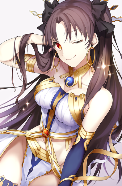 Anime-Bild 856x1300 mit fate (series) fate/grand order ishtar (fate) wowishi single long hair tall image looking at viewer light erotic simple background smile brown hair white background head tilt one eye closed wink sparkle orange eyes two side up adjusting hair
