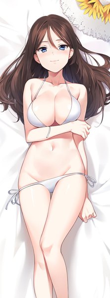 Anime picture 400x1083 with girls und panzer nonna (girls und panzer) ssberit single long hair tall image looking at viewer blush fringe breasts blue eyes light erotic hair between eyes brown hair lying on back groin dakimakura (medium) hat removed headwear removed