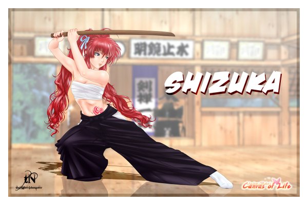 Anime picture 3000x2000 with canvas of life (manga) minamori shizuka (canvas of life) thenightwishmaster single long hair highres purple eyes signed looking away red hair lips tattoo character names scar framed fighting stance girl earrings socks white socks
