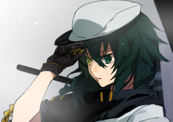 Anime picture 842x595 with kantai collection kiso light cruiser hita (hitapita) single short hair simple background hair between eyes green eyes looking away parted lips green hair wind grey background heterochromia girl gloves black gloves eyepatch flat cap