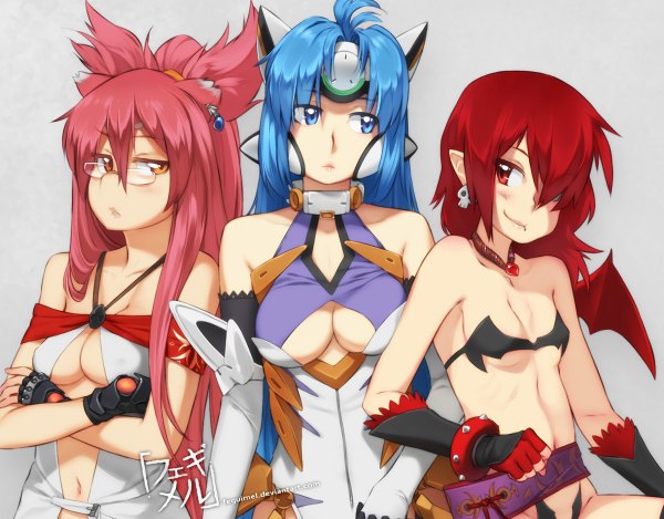 Anime picture 1200x938 with blazblue disgaea xenosaga monolith software etna (disgaea) kos-mos kokonoe feguimel long hair blush fringe breasts blue eyes light erotic simple background smile red eyes multiple girls animal ears blue hair