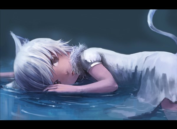 Anime picture 1500x1096 with laci (artist) short hair brown hair animal ears white hair tail lying girl dress water white dress