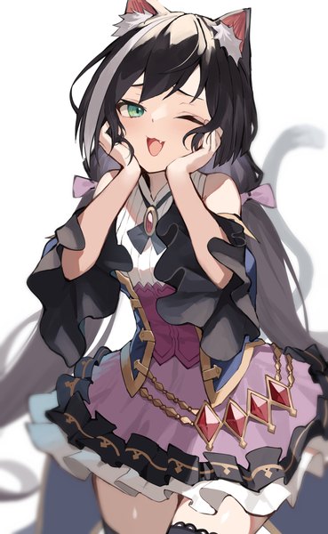 Anime picture 1204x1960 with princess connect! re:dive princess connect! karyl (princess connect!) yuuuuu single tall image looking at viewer blush fringe breasts open mouth black hair simple background hair between eyes standing white background twintails bare shoulders green eyes animal ears