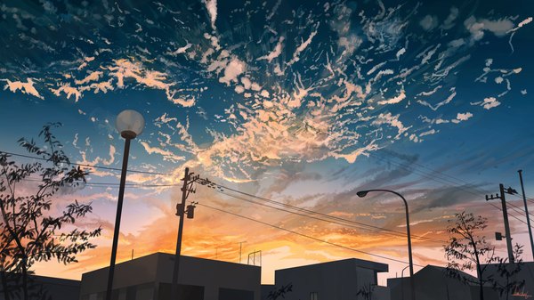 Anime picture 3840x2160 with original banishment highres wide image signed absurdres sky cloud (clouds) evening sunset no people landscape plant (plants) tree (trees) building (buildings) power lines lamppost