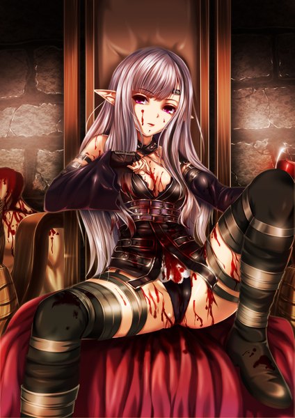 Anime picture 2893x4092 with original kukuri (ahagon) single long hair tall image highres light erotic purple eyes silver hair pointy ears girl gloves underwear panties detached sleeves fingerless gloves blood thigh boots