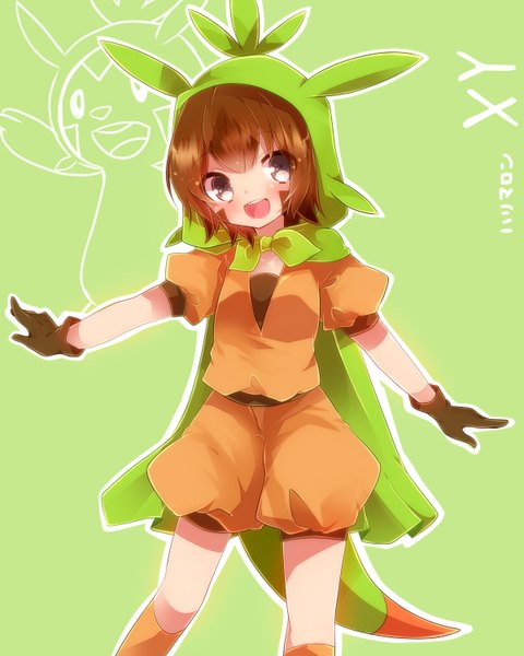 Anime picture 1200x1500 with pokemon pokemon (game) pokemon xy nintendo chespin takeshima eku single tall image looking at viewer blush short hair open mouth smile brown hair tail grey eyes puffy sleeves spread arms face paint green background