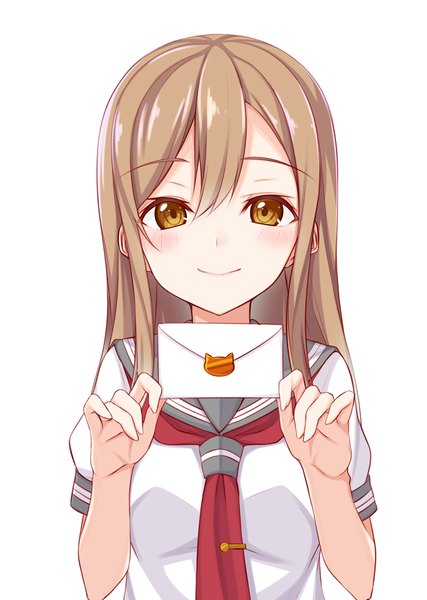 Anime picture 711x1000 with love live! sunshine!! sunrise (studio) love live! kunikida hanamaru fuji yoshida single long hair tall image looking at viewer blush fringe simple background smile hair between eyes brown hair white background holding brown eyes girl uniform