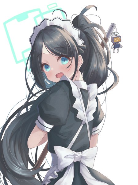 Anime picture 1560x2080 with blue archive aris (blue archive) aris (maid) (blue archive) miimu (nelreg3) single long hair tall image looking at viewer open mouth blue eyes black hair simple background white background upper body ahoge ponytail looking back maid official alternate costume girl