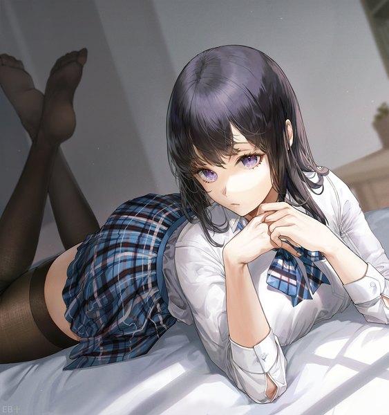 Anime picture 1000x1066 with original kim eb single long hair tall image looking at viewer fringe black hair purple eyes signed full body indoors lying blurry depth of field no shoes zettai ryouiki plaid skirt soles on stomach