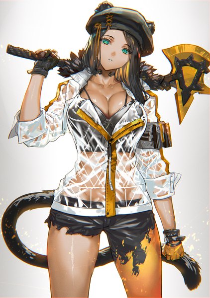 Anime picture 1125x1600 with original ranou single long hair tall image looking at viewer fringe breasts light erotic black hair simple background large breasts standing holding green eyes animal ears cleavage tail head tilt animal tail