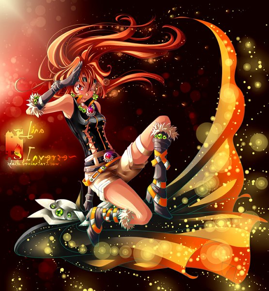 Anime picture 925x1000 with slayers j.c. staff lina inverse shailo (artist) single long hair tall image looking at viewer fringe breasts open mouth one eye closed orange hair arm support legs lens flare weightlessness girl gloves earrings