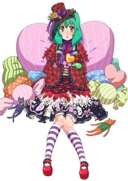 Anime picture 826x1169 with macross macross frontier ranka lee h-08 single tall image looking at viewer fringe short hair simple background hair between eyes red eyes white background sitting full body green hair lolita fashion knees touching girl dress