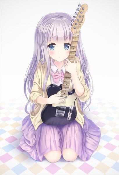 Anime picture 1003x1470 with original alc (ex2 lv) single long hair tall image looking at viewer blush blue eyes white background sitting white hair girl skirt guitar