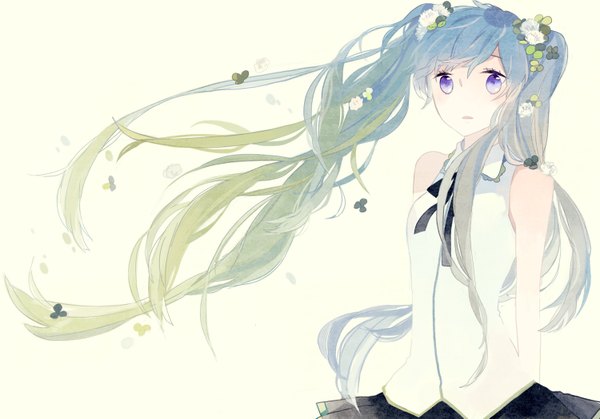 Anime picture 1500x1049 with vocaloid hatsune miku kyang692 single long hair looking at viewer blush open mouth simple background white background twintails purple eyes bare shoulders hair flower wind aqua hair sleeveless girl hair ornament clover (plant)