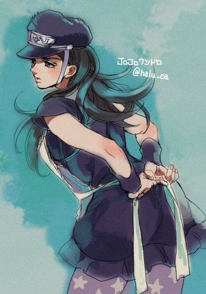 Anime picture 704x1000 with jojo no kimyou na bouken jojolion nijimura kyou halu-ca single long hair tall image black hair simple background green eyes signed looking away from behind leaning leaning forward hands behind back aqua background girl pantyhose apron