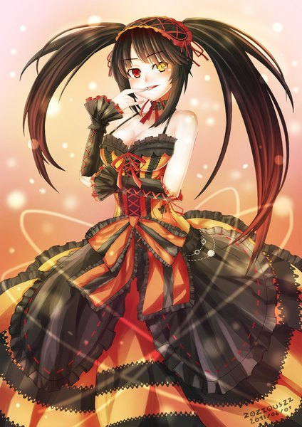 Anime picture 1414x2000 with date a live tokisaki kurumi single long hair tall image black hair twintails bare shoulders heterochromia finger to mouth uneven twintails girl dress detached sleeves