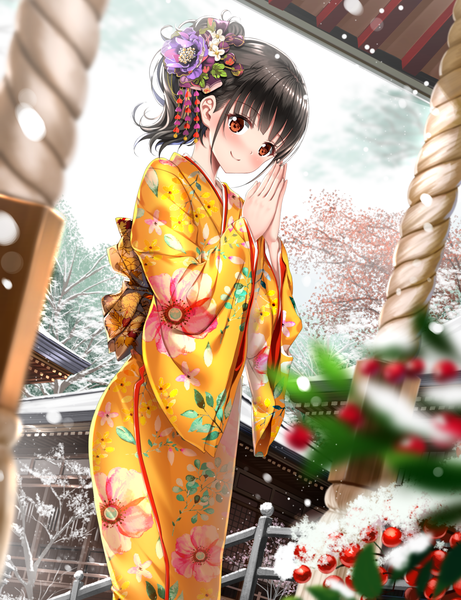 Anime picture 1102x1433 with original swordsouls single tall image blush fringe short hair black hair smile standing brown eyes payot traditional clothes japanese clothes blurry wide sleeves from below dutch angle depth of field snowing