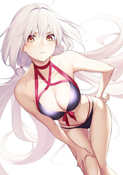 Anime picture 1131x1600 with fate (series) fate/grand order jeanne d'arc (fate) (all) jeanne d'arc alter (fate) kuen (kuennn12) single long hair tall image looking at viewer blush fringe breasts light erotic simple background hair between eyes large breasts standing white background twintails bare shoulders