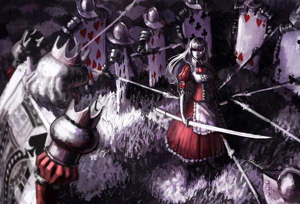 Anime picture 3904x2654 with alice in wonderland alice (wonderland) chevasis (artist) long hair fringe highres breasts blonde hair red eyes standing absurdres checkered army girl dress weapon sword card (cards) spear