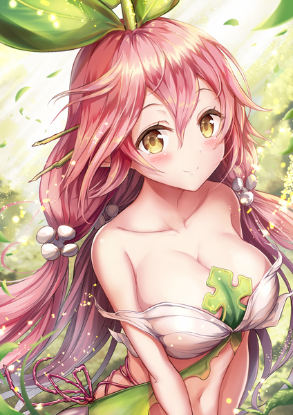 Anime picture 1060x1500 with granblue fantasy yggdrasil (granblue fantasy) sakura ani single long hair tall image looking at viewer blush fringe breasts light erotic smile hair between eyes large breasts standing twintails bare shoulders yellow eyes pink hair cleavage
