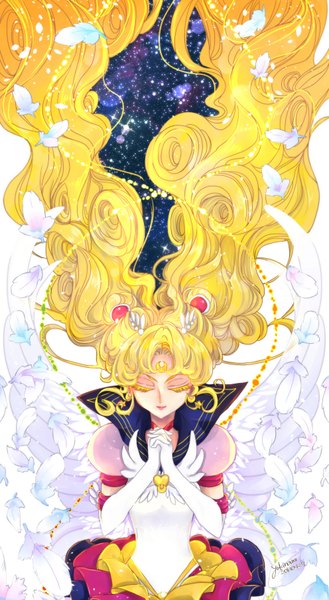 Anime picture 1984x3616 with bishoujo senshi sailor moon toei animation tsukino usagi sailor moon eternal sailor moon yukinami (paru26i) single long hair tall image highres blonde hair smile twintails eyes closed very long hair pleated skirt wind hair bun (hair buns) drill hair wavy hair