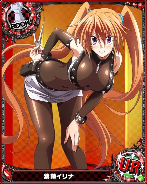 Anime picture 640x800 with highschool dxd shidou irina single tall image looking at viewer blush breasts light erotic smile brown hair large breasts purple eyes twintails very long hair card (medium) girl skirt detached sleeves miniskirt