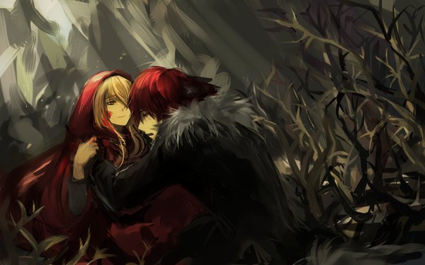 Anime picture 1600x1000 with original pancake-waddle long hair blonde hair smile animal ears red hair eyes closed profile couple hug girl boy plant (plants) tree (trees) cloak forest