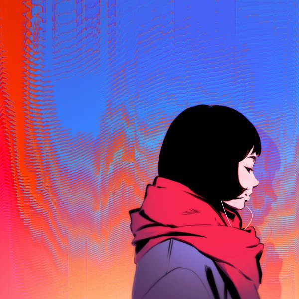 Anime picture 1080x1080 with original ilya kuvshinov single fringe short hair black hair looking away upper body profile shadow gradient background girl headphones scarf red scarf