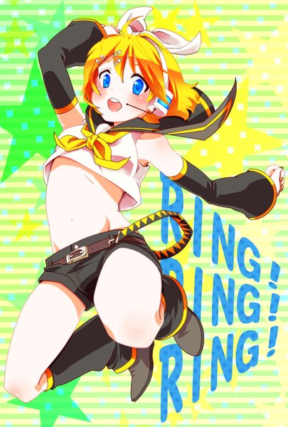 Anime picture 1968x2913 with vocaloid kagamine rin tall image highres short hair open mouth blue eyes blonde hair jumping girl detached sleeves shorts boots headphones